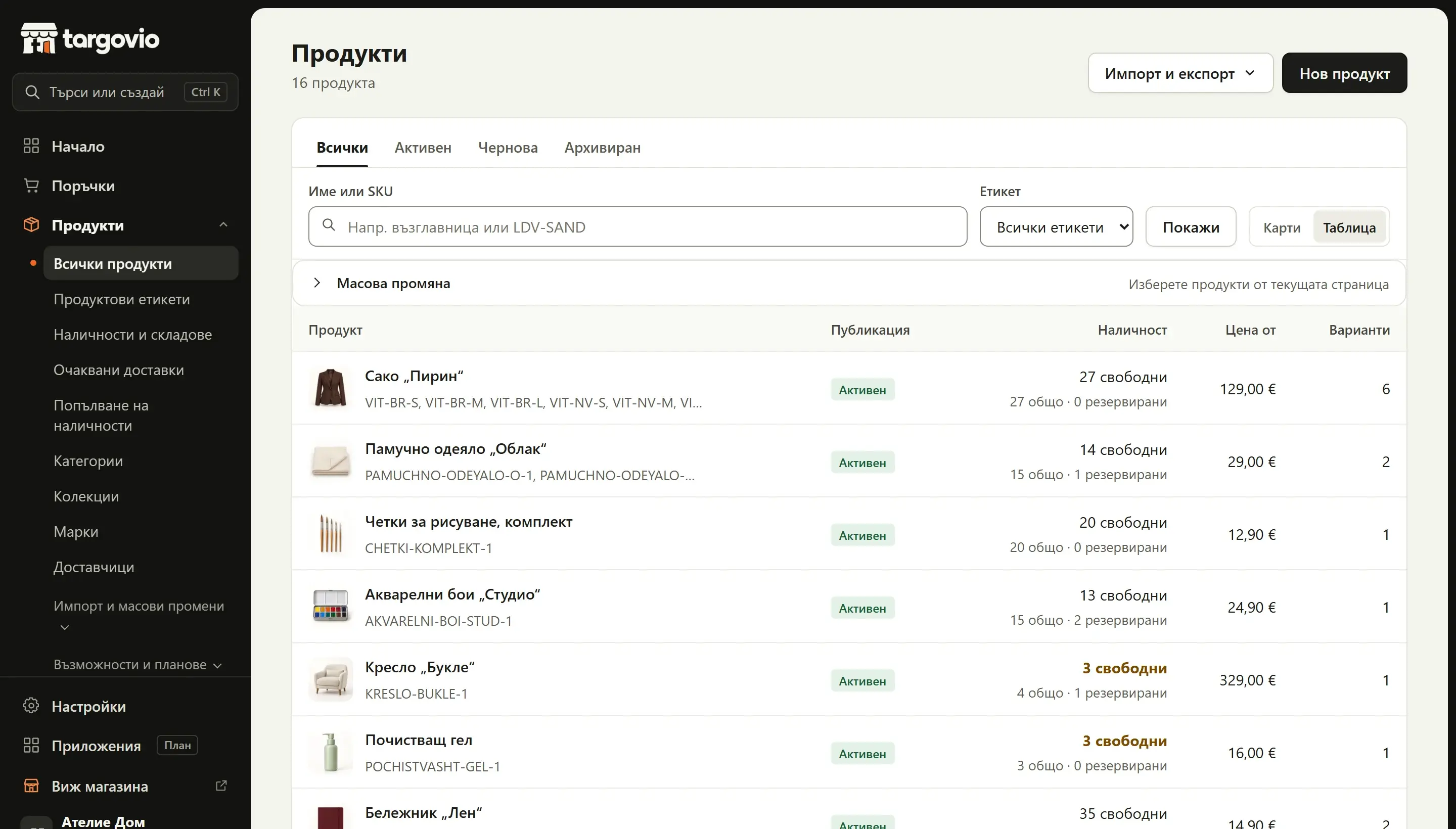 Внесени продукти с варианти, цени и наличности в Targovio
