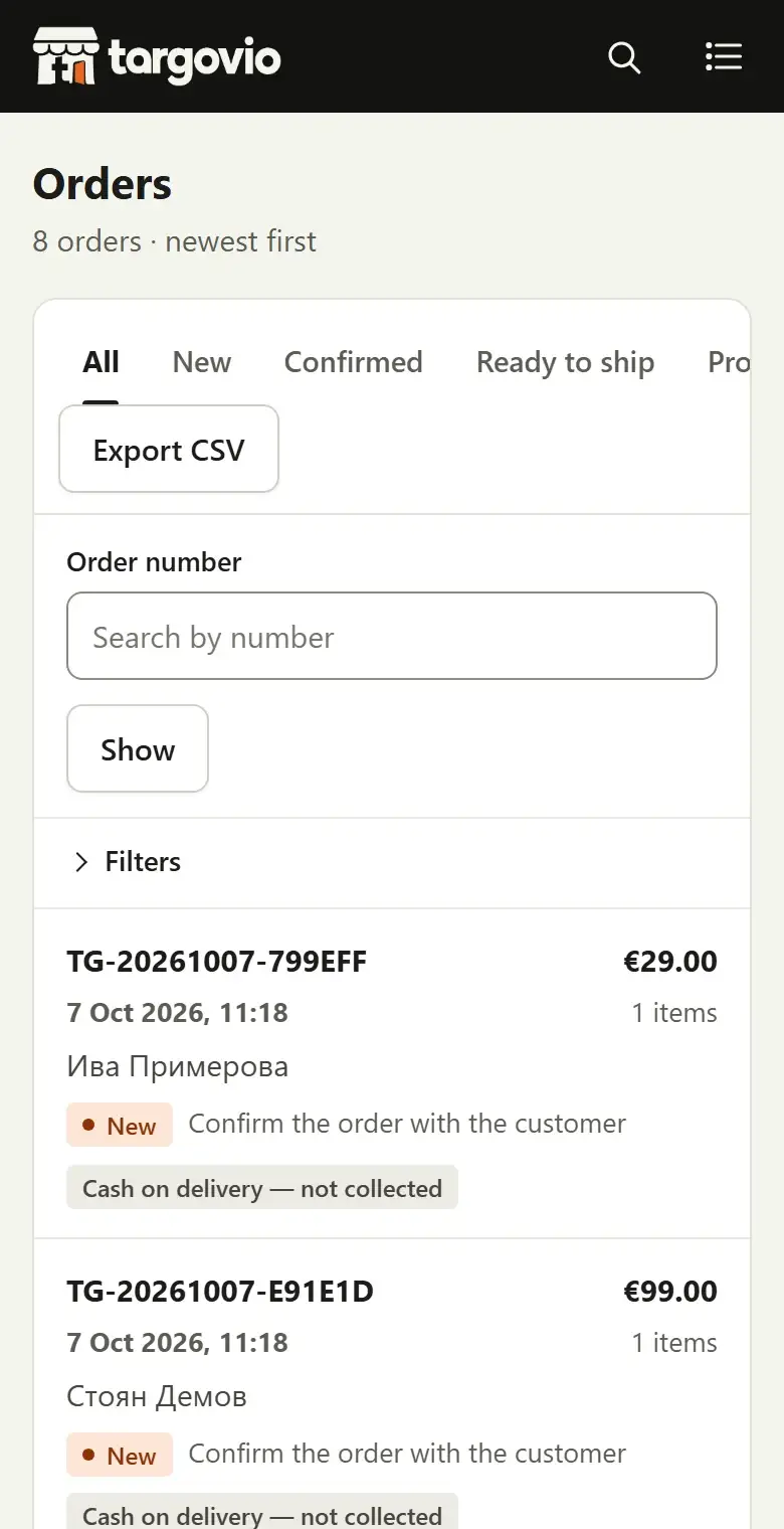 Orders in the admin on a phone