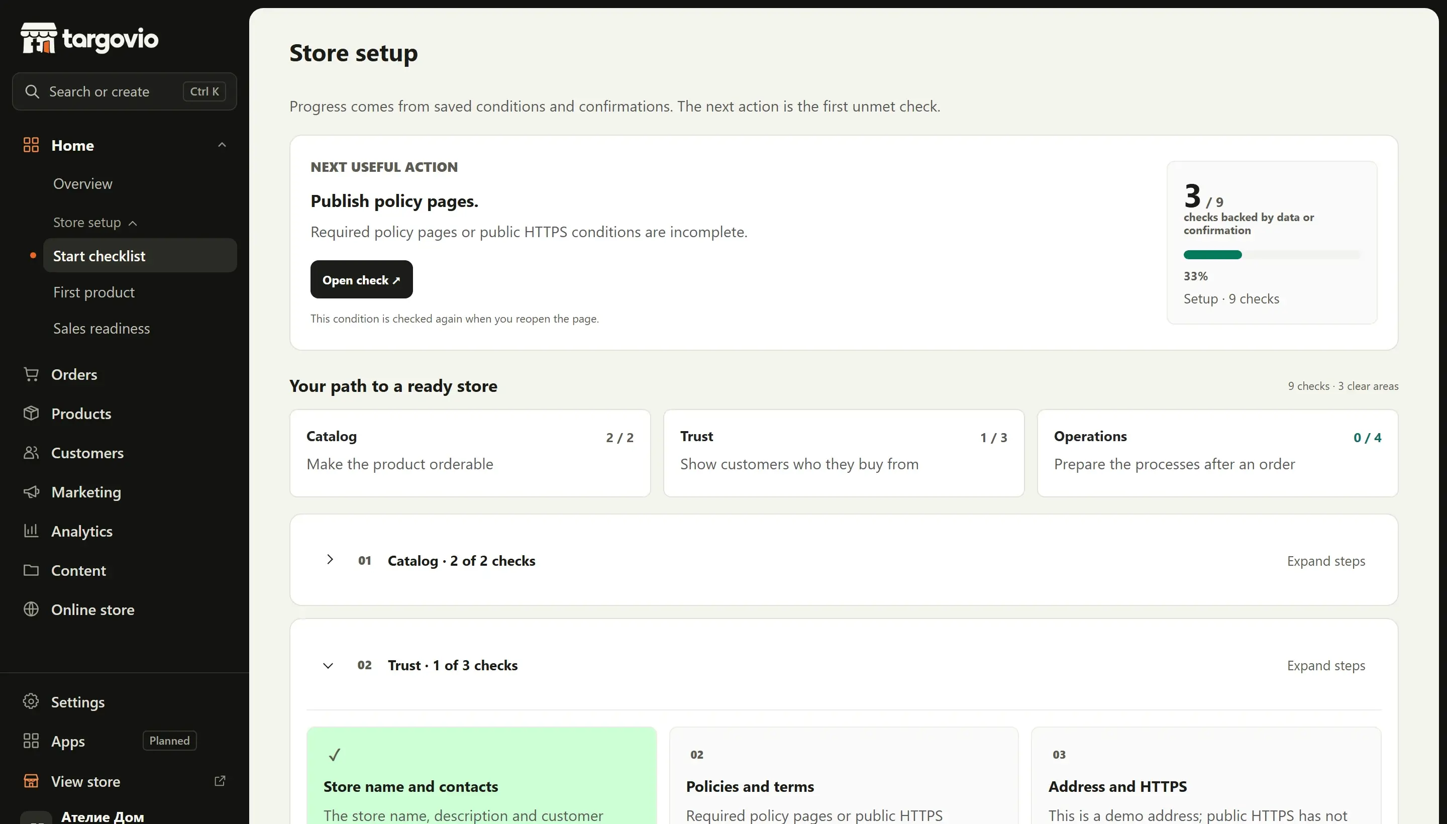 The “Store setup” screen in Targovio: areas to check, progress and next actions.