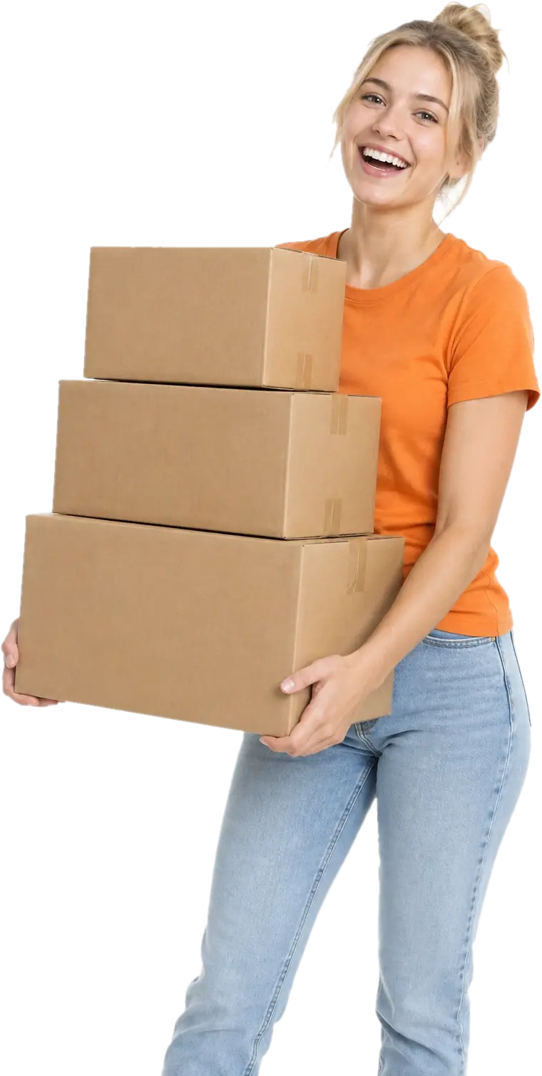 A smiling woman with boxes ready to ship